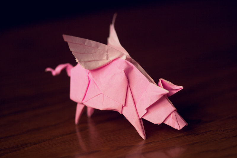 origami cerdo volador, rosa, papel doblado, cambiar de trabajo